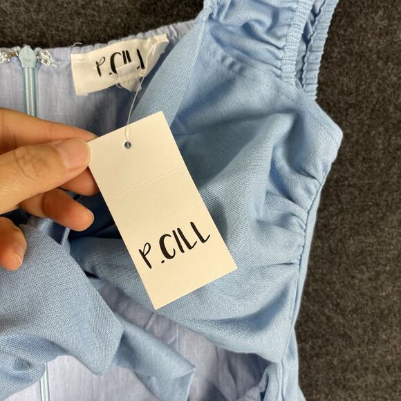 P Cill Linen Blend Mini Dress Womens Medium Blue Tie Front Ruffle Cut Out NEW - Picture 5 of 14